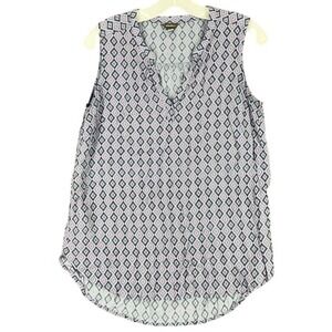 Eddie Bauer Diamond Print Sleeveless V Neck Rayon Shell Blouse Top Blue S Womens